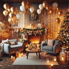 Christmas and new year holiday decor living room with fireplace. - obrazy, fototapety, plakaty