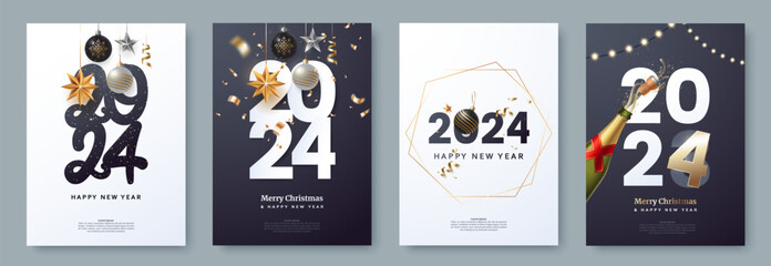 Happy New Year 2024 poster collection. Greeting card template with typography and Christmas decorations in realistic style. Winter holidays flyer design. Ideal for party invite, banner. Vector eps 10 - obrazy, fototapety, plakaty