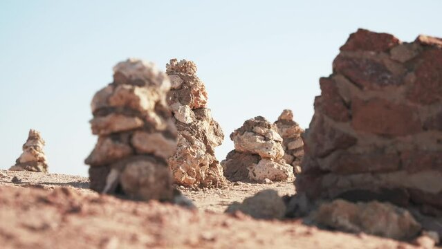 Close up stone piles in the desert. Rock stacks in national park