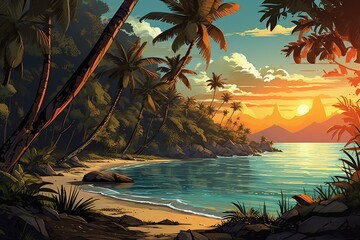 Scenic shore with palm trees. Digital artwork. Illustration. Generative AI