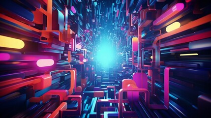 Create a vibrant 3D abstract composition that feels like a journey into a neon wonderland.
