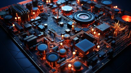 A close up of computer hardware, red and blue colors. Generative AI. 