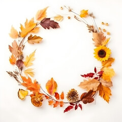 Naklejka na ściany i meble Autumn wreath with leaves and flowers isolated on a white background