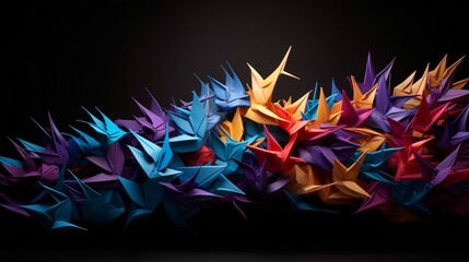 Design an abstract 3D whirlwind of colorful origami cranes, each folding into various hues, creating a visual symphony of motion.