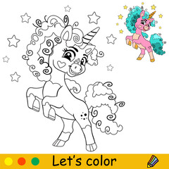 Dancing cartoon cute unicorn kids coloring book page
