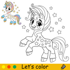 Starry cartoon cute unicorn kids coloring book page
