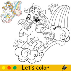Baby cartoon cute unicorn with a rainbow kids coloring book page