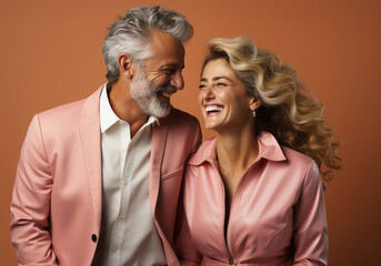 Beautiful gorgeous 50s middle aged elderly senior model couple with grey hair laughing and smiling. Mature old man and woman close up portrait.  - obrazy, fototapety, plakaty