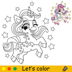 Starry cartoon cute baby unicorn kids coloring book page