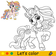 Long mane cartoon cute unicorn kids coloring book page