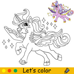 Cartoon cute unicorn with a wings kids coloring book page