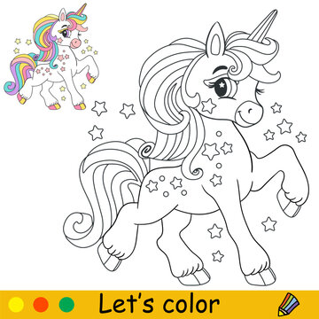 Starry rainbow cartoon unicorn kids coloring book page