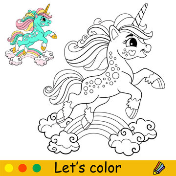Cartoon cute unicorn with a rainbow and clouds coloring book page