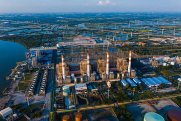 Aerial view Bang Pakong power plant of gas power plant, Thermal power plants and fuel oil, Thermal...