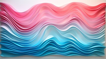Generate a captivating 3D abstract wall installation that appears to ripple and vibrate with energy, showcasing a play of colors on a clean white background.