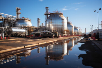 Obraz premium Large storage tanks and silos used for storing raw materials in an industrial facility. 