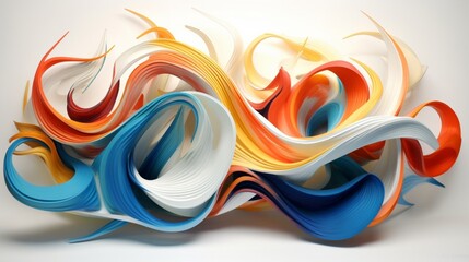 Generate a stunning 3D abstract art piece on a pristine white background, with vibrant colors intertwining harmoniously.