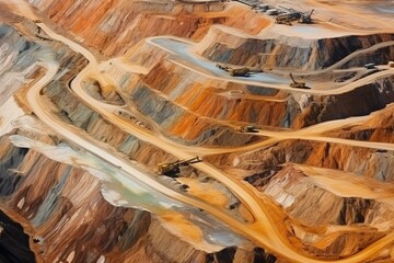 Aerial view of mining quarry with terraces and excavation. Extractive industry. Generative AI - obrazy, fototapety, plakaty