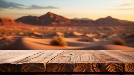 Wooden table top on blur desert background. For montage product display. View of copy space.  - Powered by Adobe