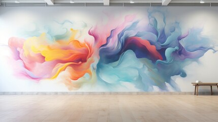 Produce a visually striking 3D abstract mural with a surreal blend of colors, creating an ethereal atmosphere against a spotless white wall.