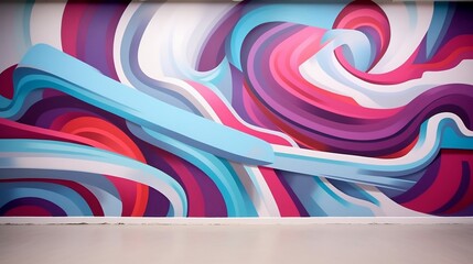 Produce an optical illusion with a 3D abstract mural, where vibrant colors and textures seem to float in space against a spotless white wall.