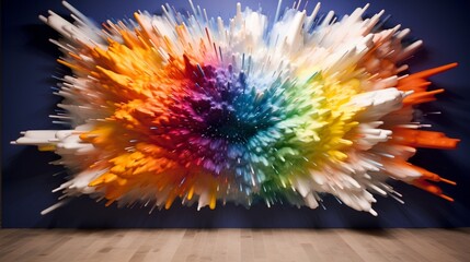 Produce an optical illusion through a 3D wall decoration, featuring an explosion of colors on a seamless white canvas.