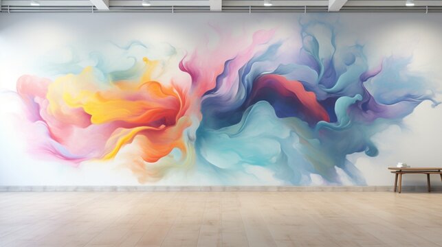 Produce a visually striking 3D abstract mural with a surreal blend of colors, creating an ethereal atmosphere against a spotless white wall.