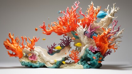 Shape an abstract 3D sculpture resembling a coral reef teeming with colorful marine life, set against a pristine white ocean.