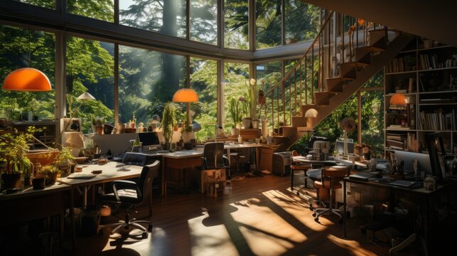 A beautiful and peaceful home office space. Generative AI. 