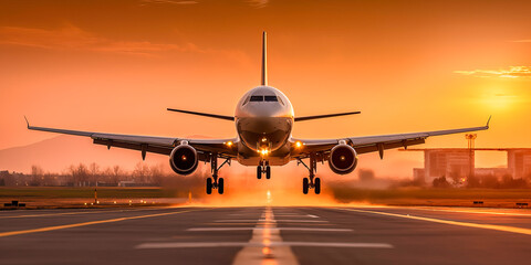 Naklejka premium A commercial aircraft ascending into the sky from a busy airport
