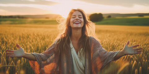 A joyful woman embracing the freedom of nature in a golden wheat field - obrazy, fototapety, plakaty