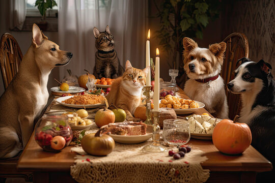 Dogs and Cats Sitting Around a Holiday Meal Table Generative AI