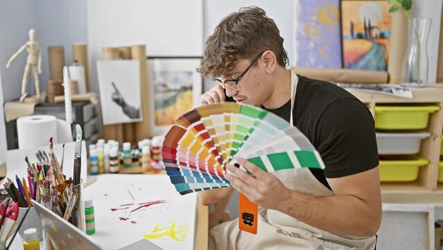 Handsome young hispanic man artist in apron talking on smartphone, choosing captivating paint color for canvas, immersed in creative conversation at bustling art studio.