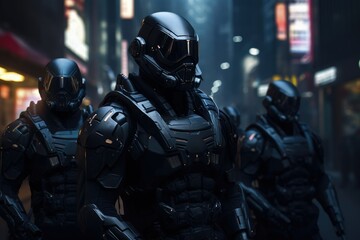 Futuristic cyborg soldiers, modern hi-tech military soldiers with full gear modern set up, robotic warriors, Stealth, ai defenders