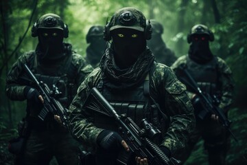 Fototapeta premium Group of soldiers with guns in the forest, Selective focus, patriot, warriors, face covered military army, battlefield soldiers