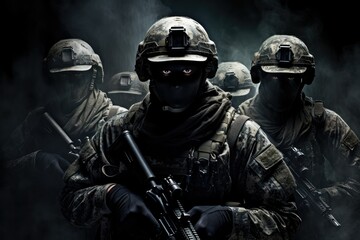 United states special forces soldiers in action, Studio shot over dark background, soldiers at secrete mission, armed forces at battlefield, warfare