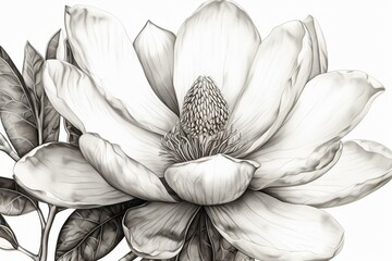 Close-up monochrome drawing of a magnolia flower in art style. Generative AI - obrazy, fototapety, plakaty