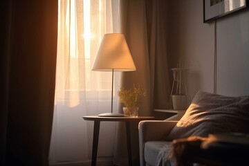 home interior with shiny lamp at sunrise. Generative AI