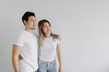 Advertisement of happy face lover asian couple isolated on white.