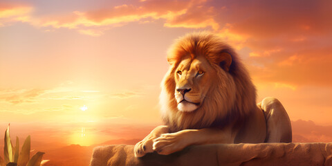 The Regal Roar: King Lion in the Enchanted Forest at Sunset background ai generated