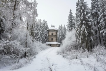 isolated vacant fortress coated in snow as deserted sanatorium. Generative AI - obrazy, fototapety, plakaty