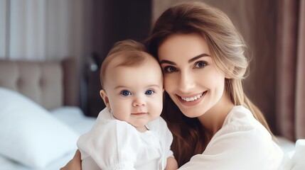 Happy young mother with her cute baby at home.