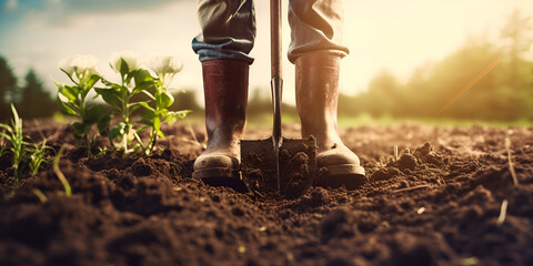 A Farmer's Daily Ritual: Tilling the Earth with a Shovel in the Garden background ai generated