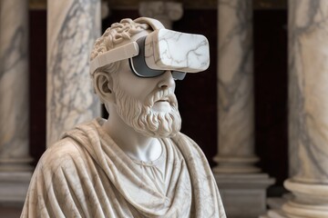 medieval statue wearing a virtual reality helmet. blend of past and future - obrazy, fototapety, plakaty