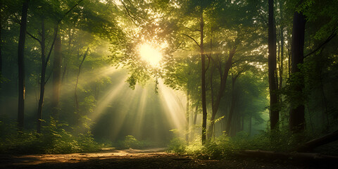 Fototapeta na wymiar The Ethereal Symphony of Sun Rays Through the Forest one side background ai generated