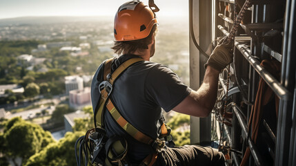 Technician climbing antenna tower for maintenance  - obrazy, fototapety, plakaty