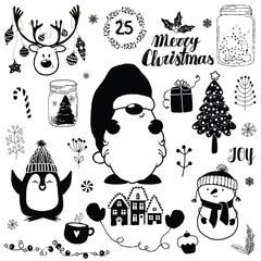 Set of Christmas icons, fun characters, symbols and graphics, including Santa Claus, Snowman, Reindeer, Penguin, Christmas trees, snowed-in houses, wreath and Christmas sweets 