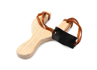 One wooden slingshot with leather pouch isolated on white