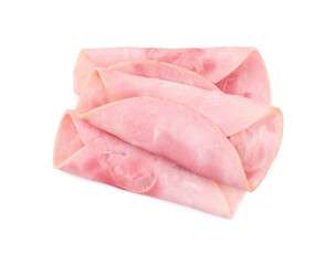 Slices of tasty ham isolated on white, top view
