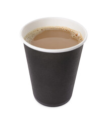 Black paper cup with hot drink isolated on white. Coffee to go